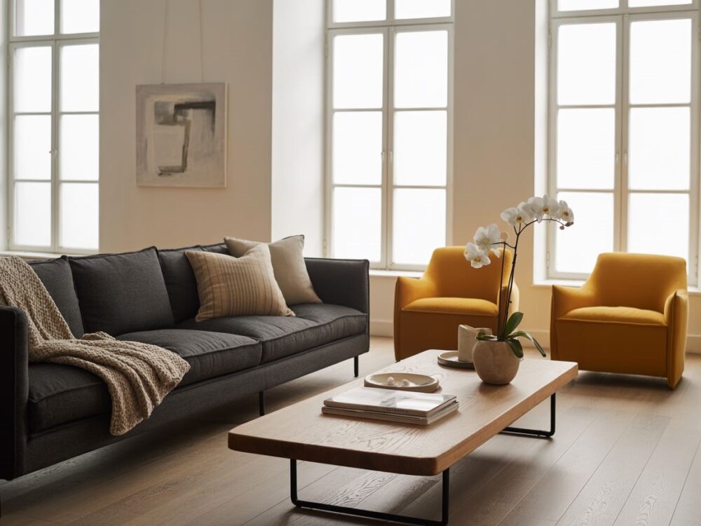 kolorowe krzesła przy kanapie