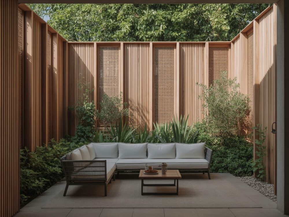 rośliny przy bocznej zabudowie tarasu